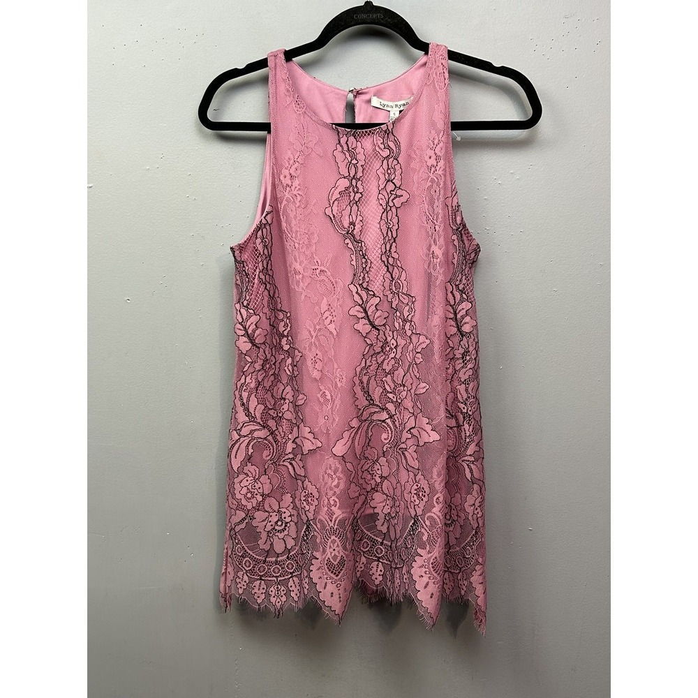 Lynn Ryan Dress Womens Small Pink Black Floral Lace Sleeveless Eyelash Hem